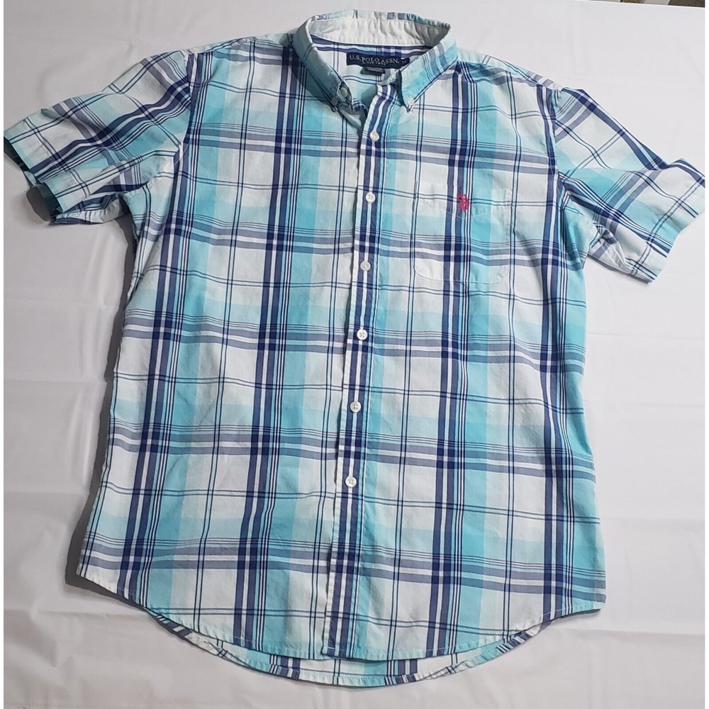 Men's US Polo Association Short Sleeve Blue Plaid Button Up Pink Horse Size Med